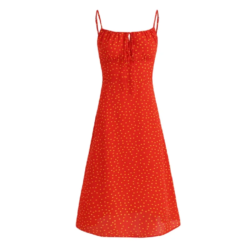 Midi dresses for womenSexy Tie Neck Smocked Sleeveless A Line Polka Dot Print Midi Sundress