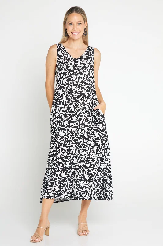 Day dresses for everyday wearSienna Sleeveless Midi Dress - Black Floral Flourish