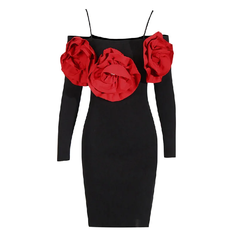 Spring dresses for blossoming stylesSparkly Crystal Rosette Applique Cold Shoulder Bodycon Sweater Midi Dress