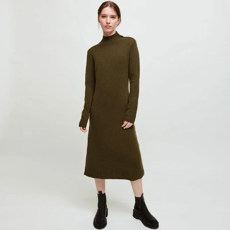 Sustainable dresses for eco-conscious womenChic Long Sleeve Button Trim High Neck Midi Sweater Dress - Army Green