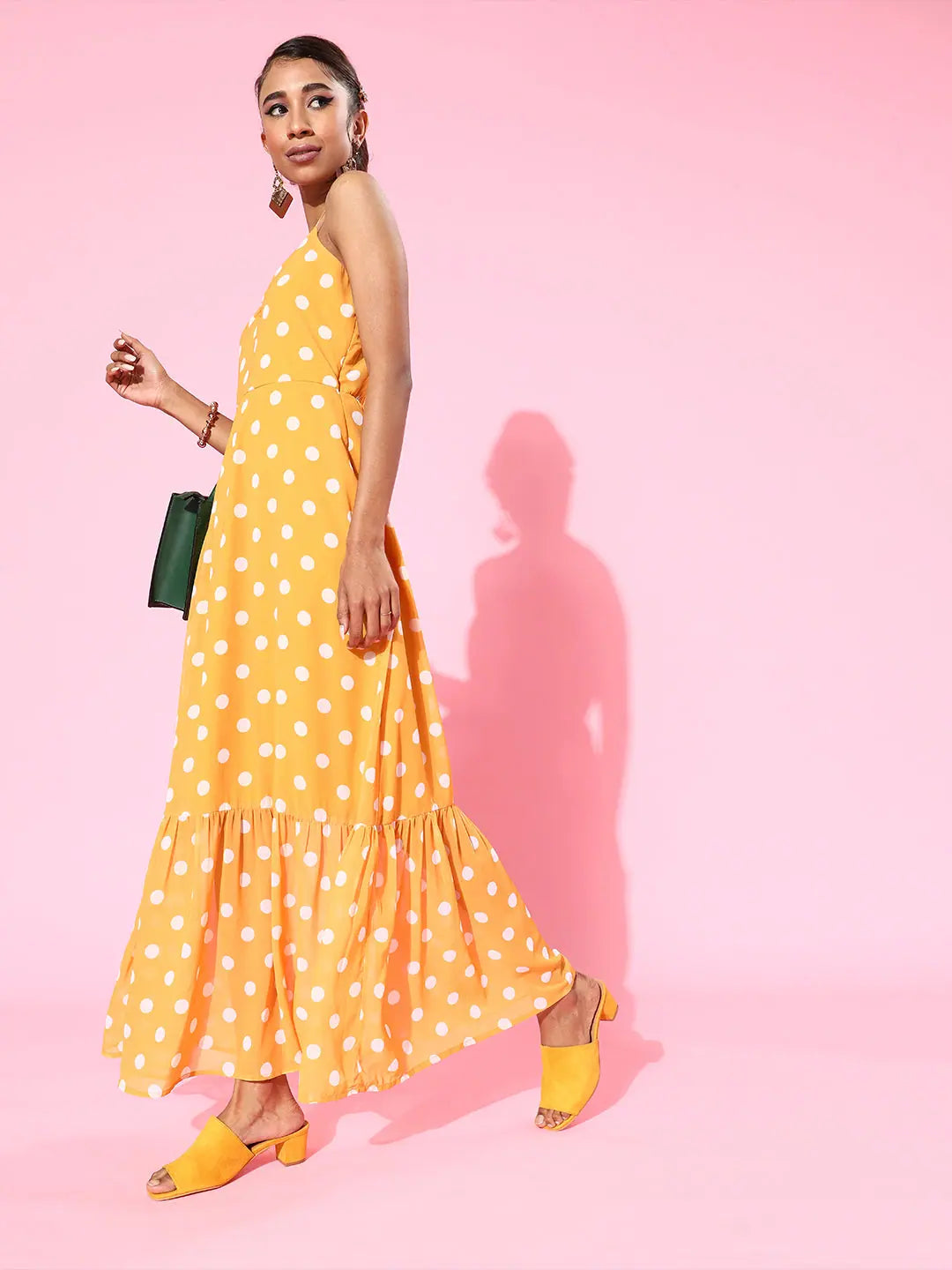 Day dresses for everyday wearMustard Polka Strappy Sweetheart Neck Maxi Dress