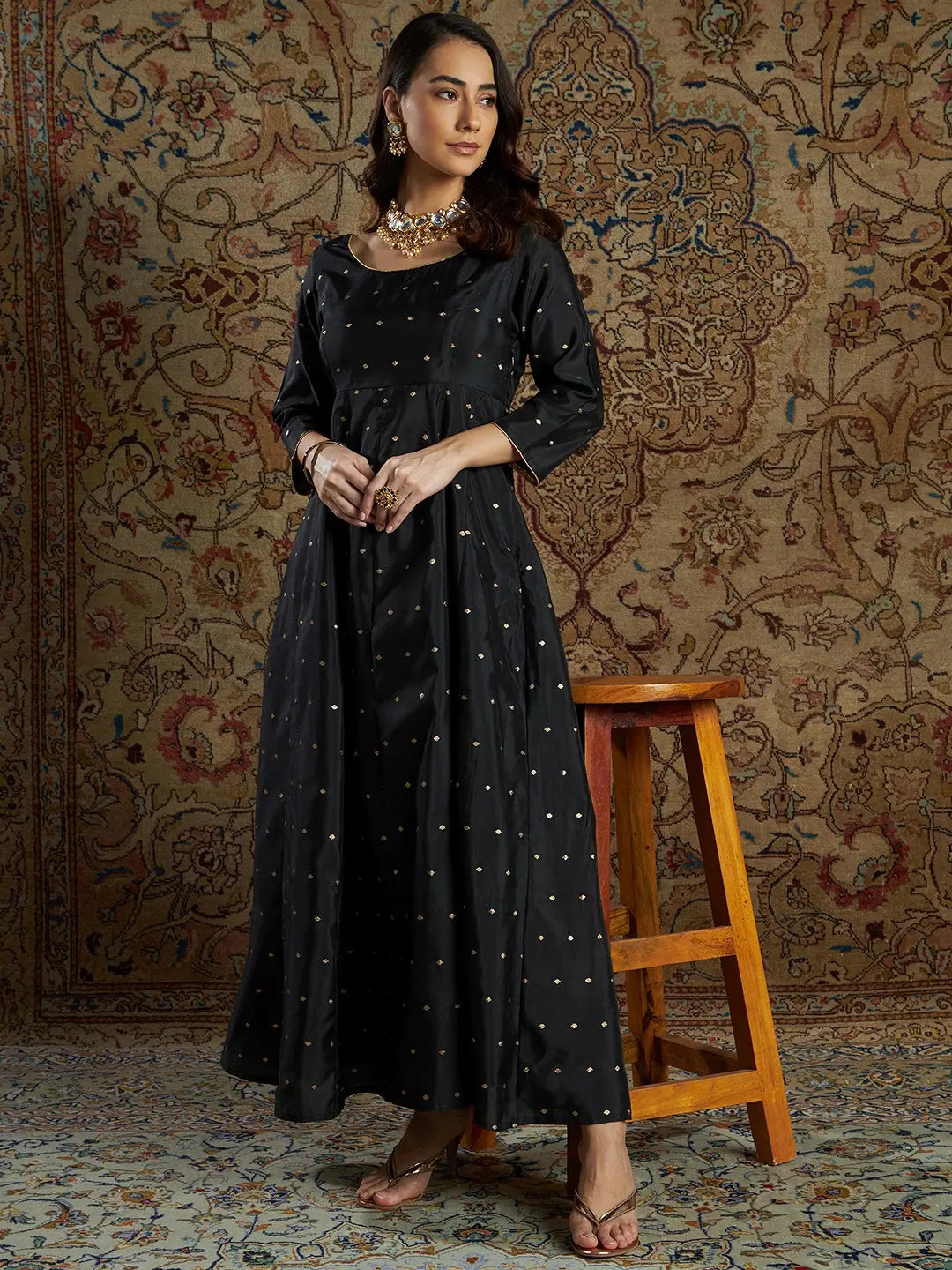 Cold-shoulder dresses for womenWomen Black Jacquard Anarkali Maxi Dress