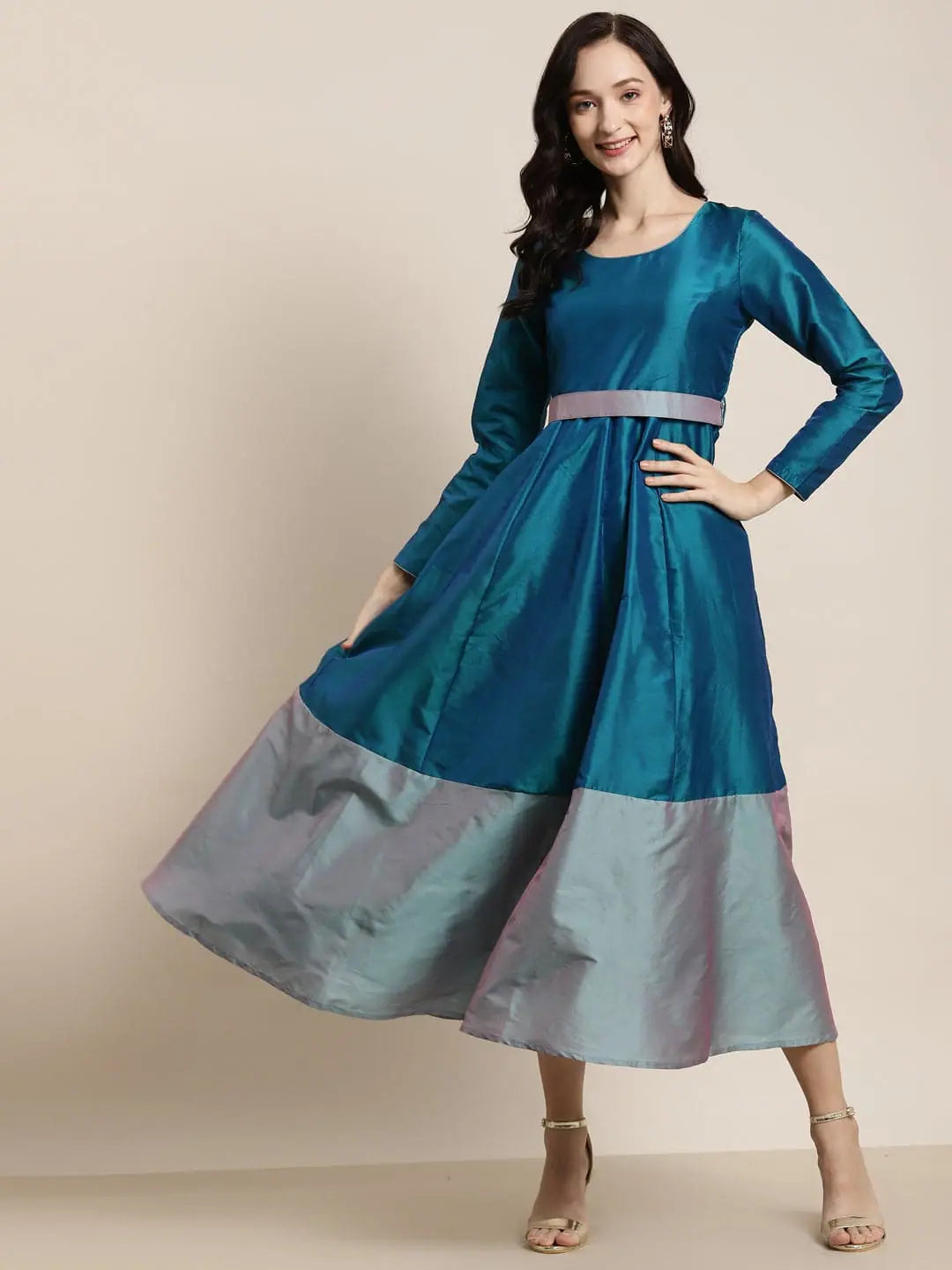 Handmade dresses for unique fashion statementsTeal Contrast Border Embroidered-Belt Anarkali Maxi