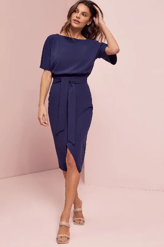 Handmade dresses for unique fashion statementsKimono Sleeve Belted Midi Dress Navy