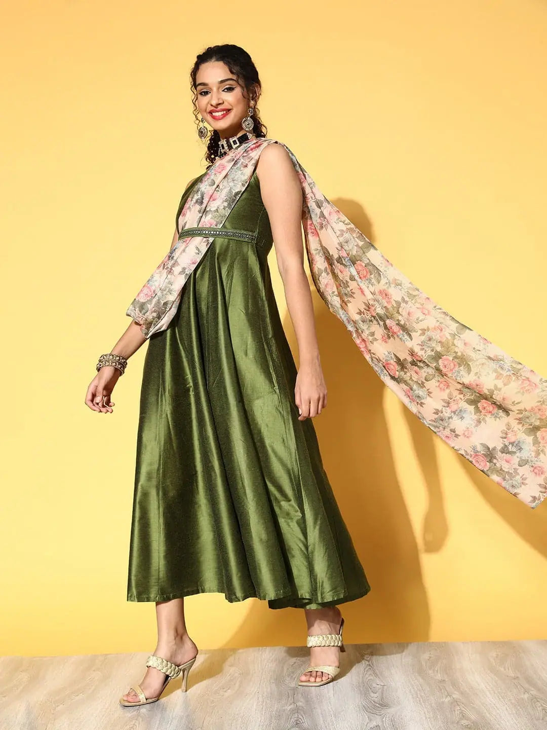 Beach dresses for casual outingsWomen Olive Anarkali Maxi With Beige Floral Drape Dupatta