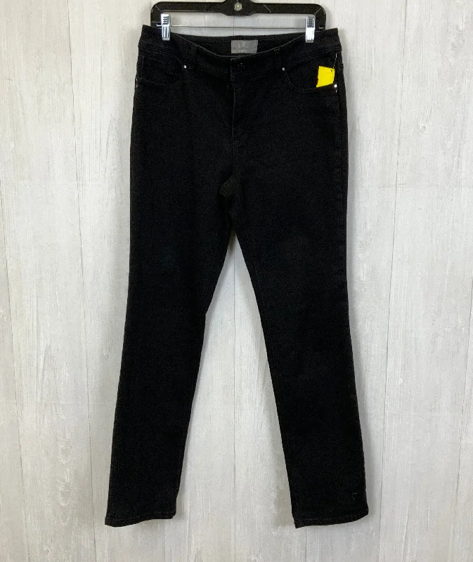 Distressed jeans with bleach spots for a unique appearanceJeans Straight By Chicos In Black Denim, Size: 8