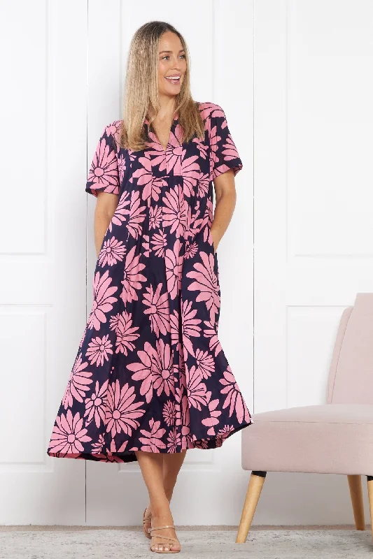 High-low hem dresses for womenEdmonton Midi Dress - Navy Pink Floral