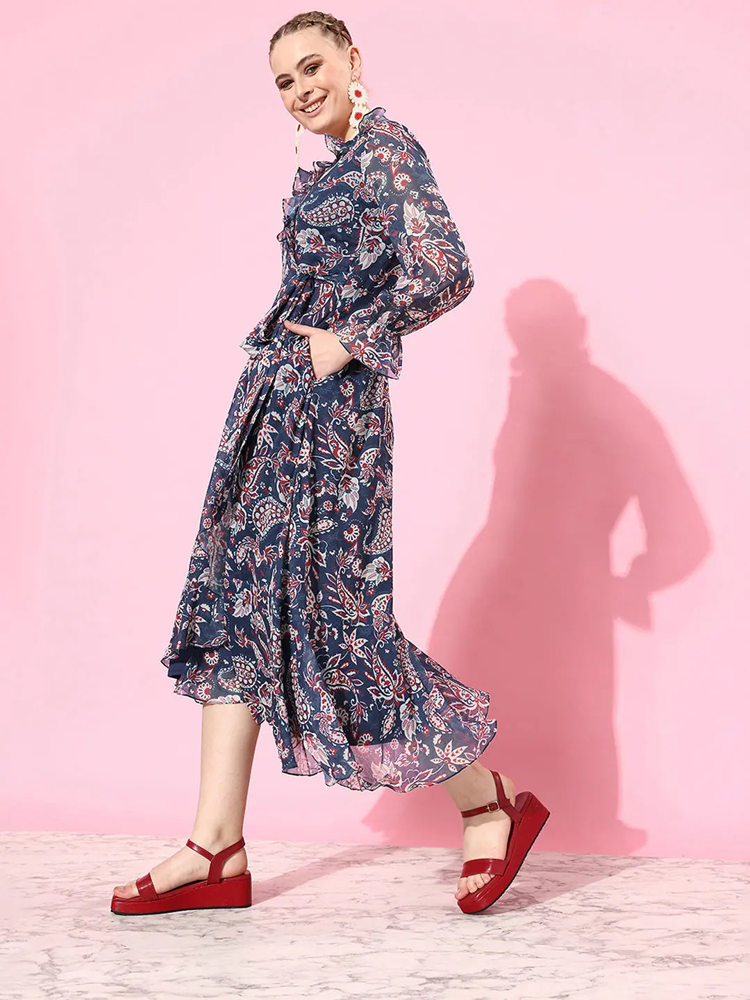 Solid color dresses for womenWarmth Of The Sun Frilled Midi Dress Multicolored-Base-Navy Blue