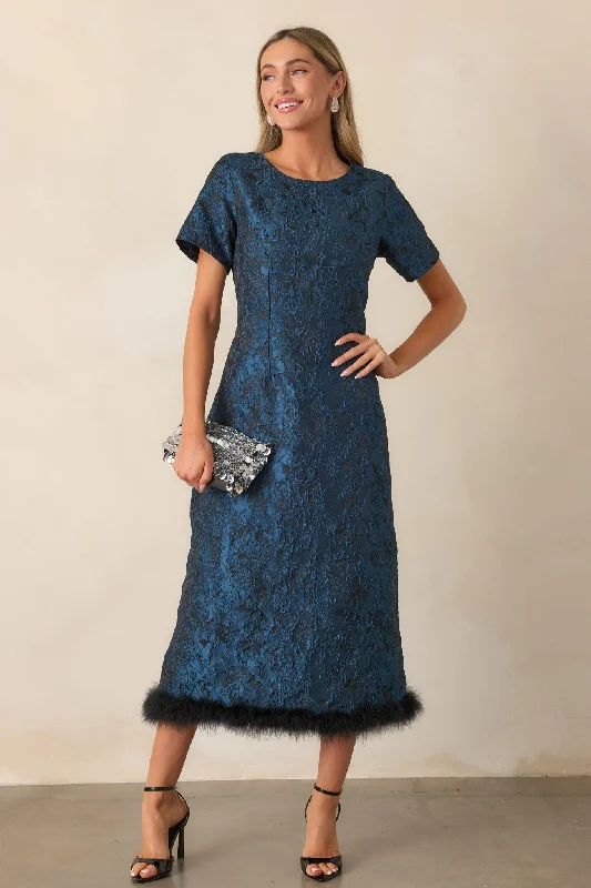 Patterned dresses for womenGlamour in Motion Dark Teal Jacquard Midi Dress