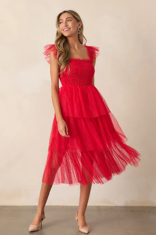 Vintage-inspired dresses for retro fashion loversShine Brighter Red Tiered Midi Dress