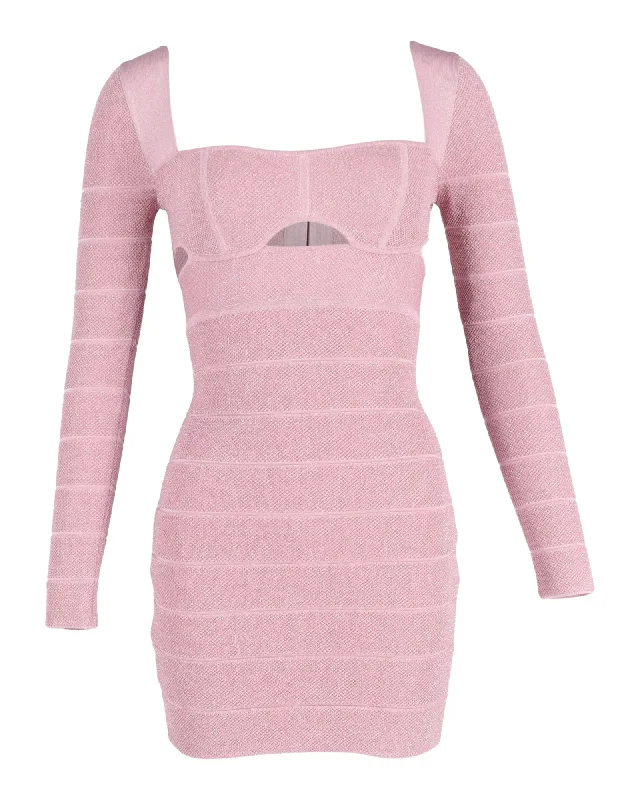 Bridal dresses for womenHerve Leger Cutout Long-Sleeve Mini Dress in Pink Polyester