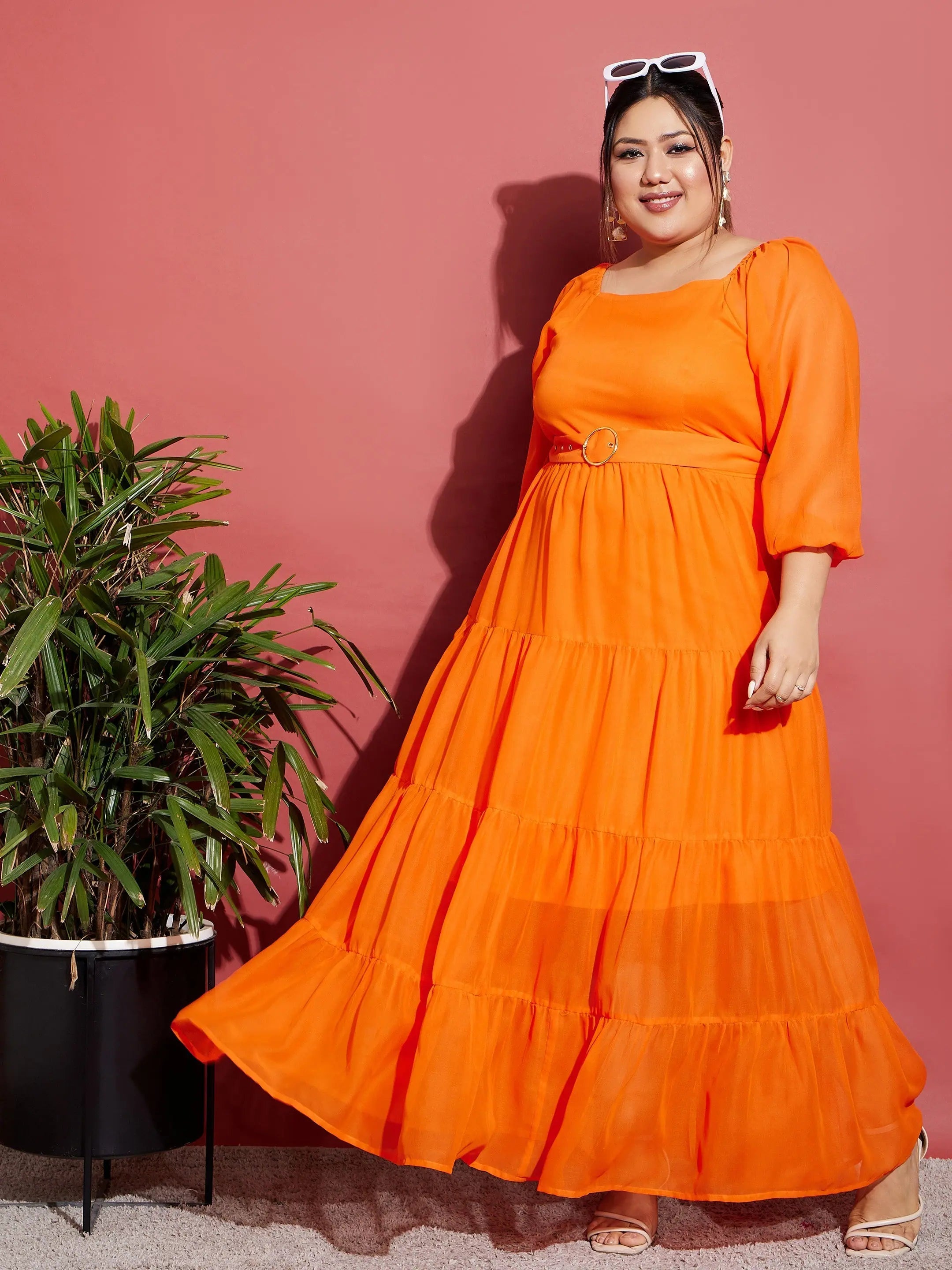 Peplum dresses for womenWomen Orange Off Shoulder Tiered Belted Maxi Dress