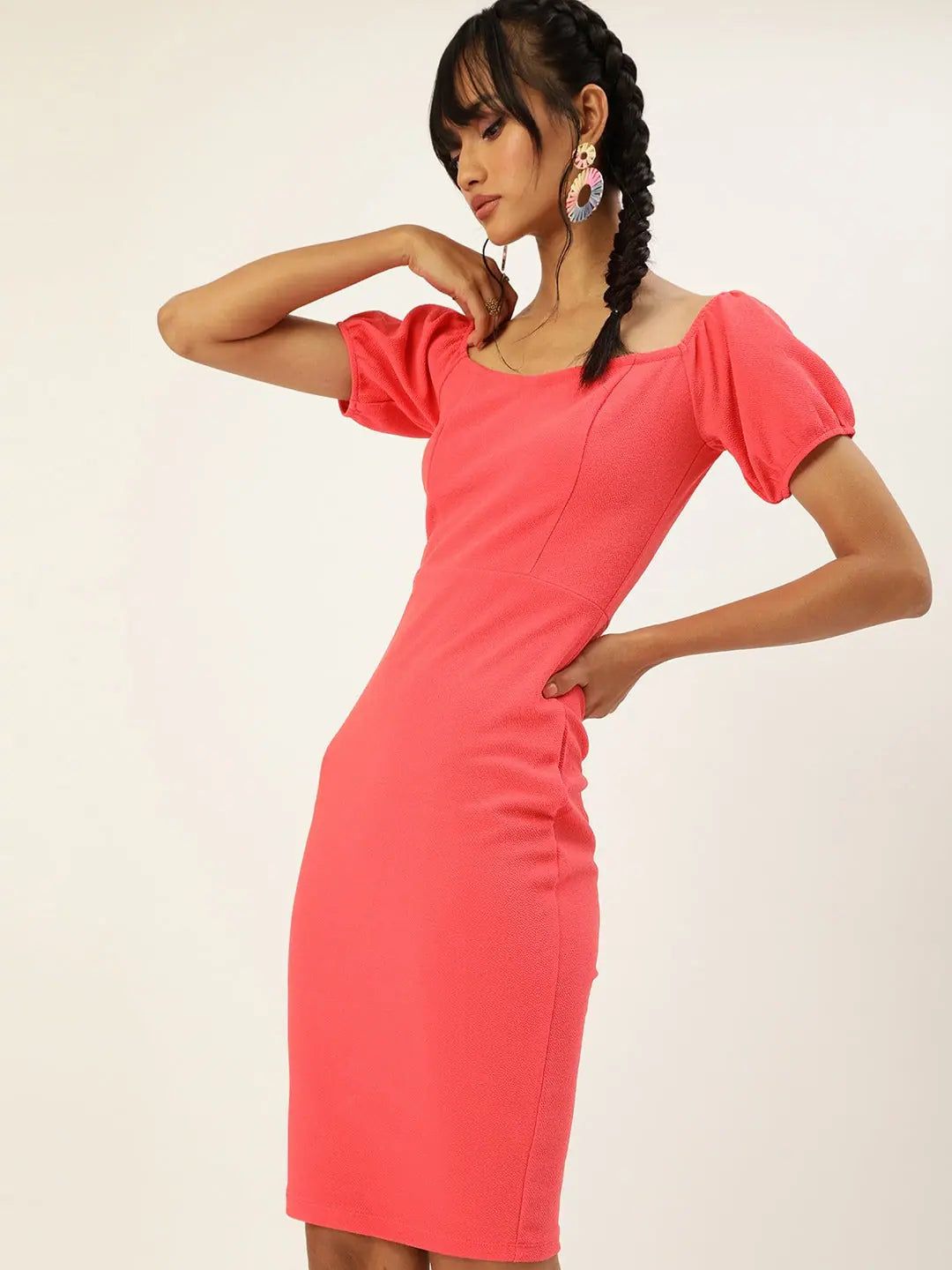 Lantern sleeve dresses for womenVeni Vidi Vici Coral Sweetheart Neck Bardot Midi Dress