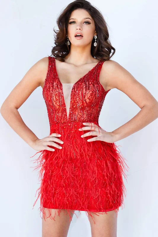 Strapless dresses for womenJovani - 04619 Beaded V-Neck Feather-Fringed Short Prom Dress