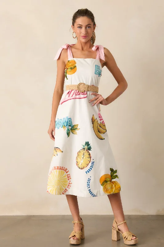 Festival dresses for music and arts eventsTake A Chance Cotton Ivory Tropical Fruit Print Midi Dress