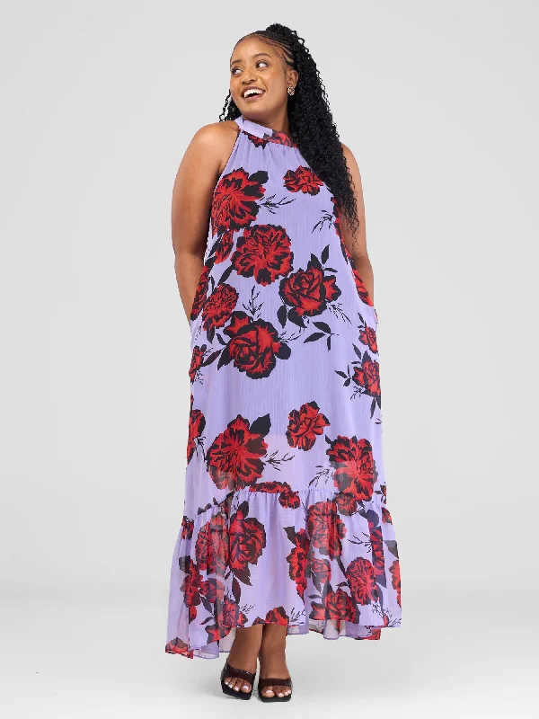 Flutter sleeve dresses for womenVivo Halter Maxi Dress With Lining - Purple / Red Print