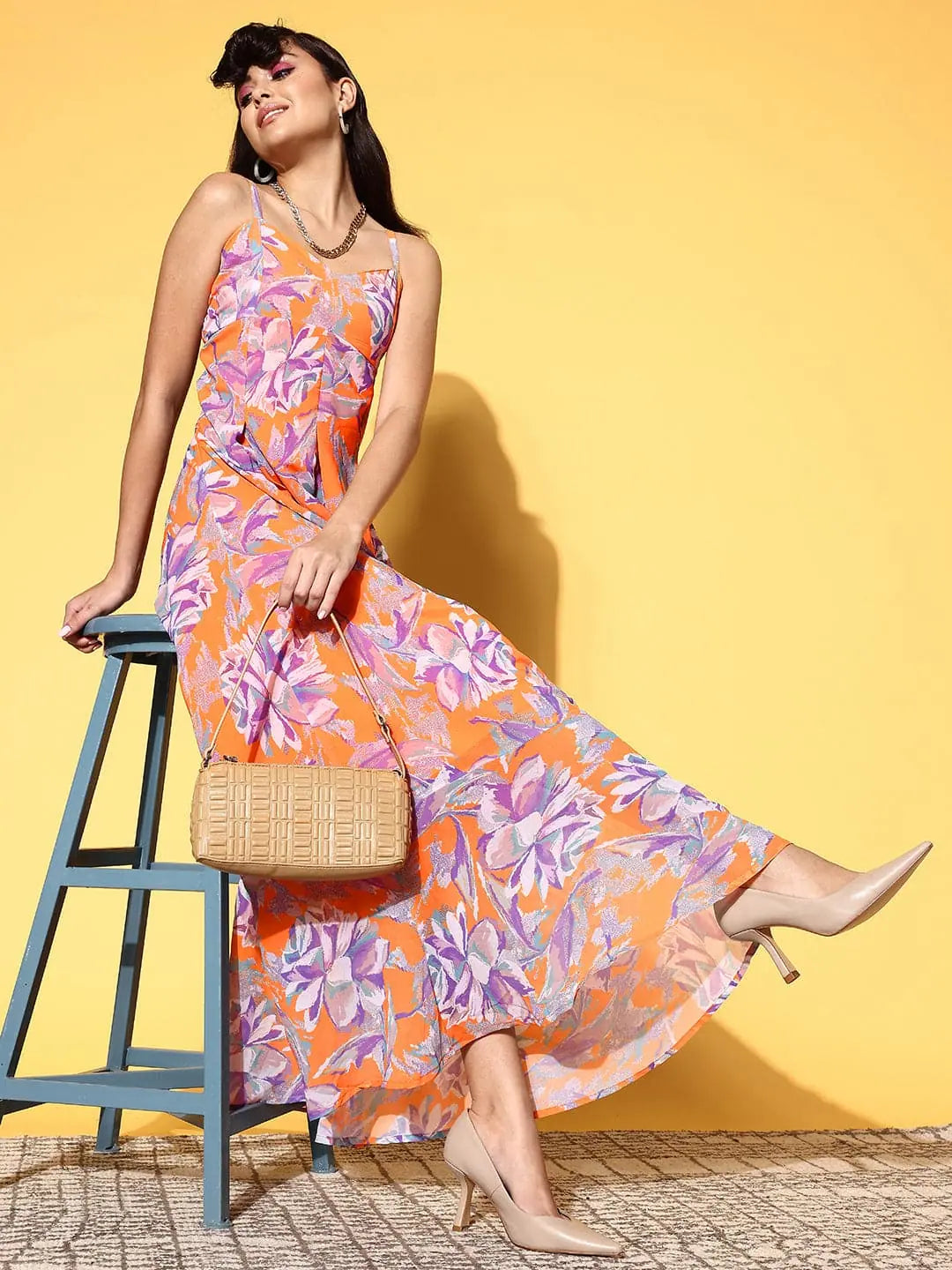 Autumn dresses for fall fashionWomen Orange & Purple Floral Box Pleat Strappy Maxi Dress