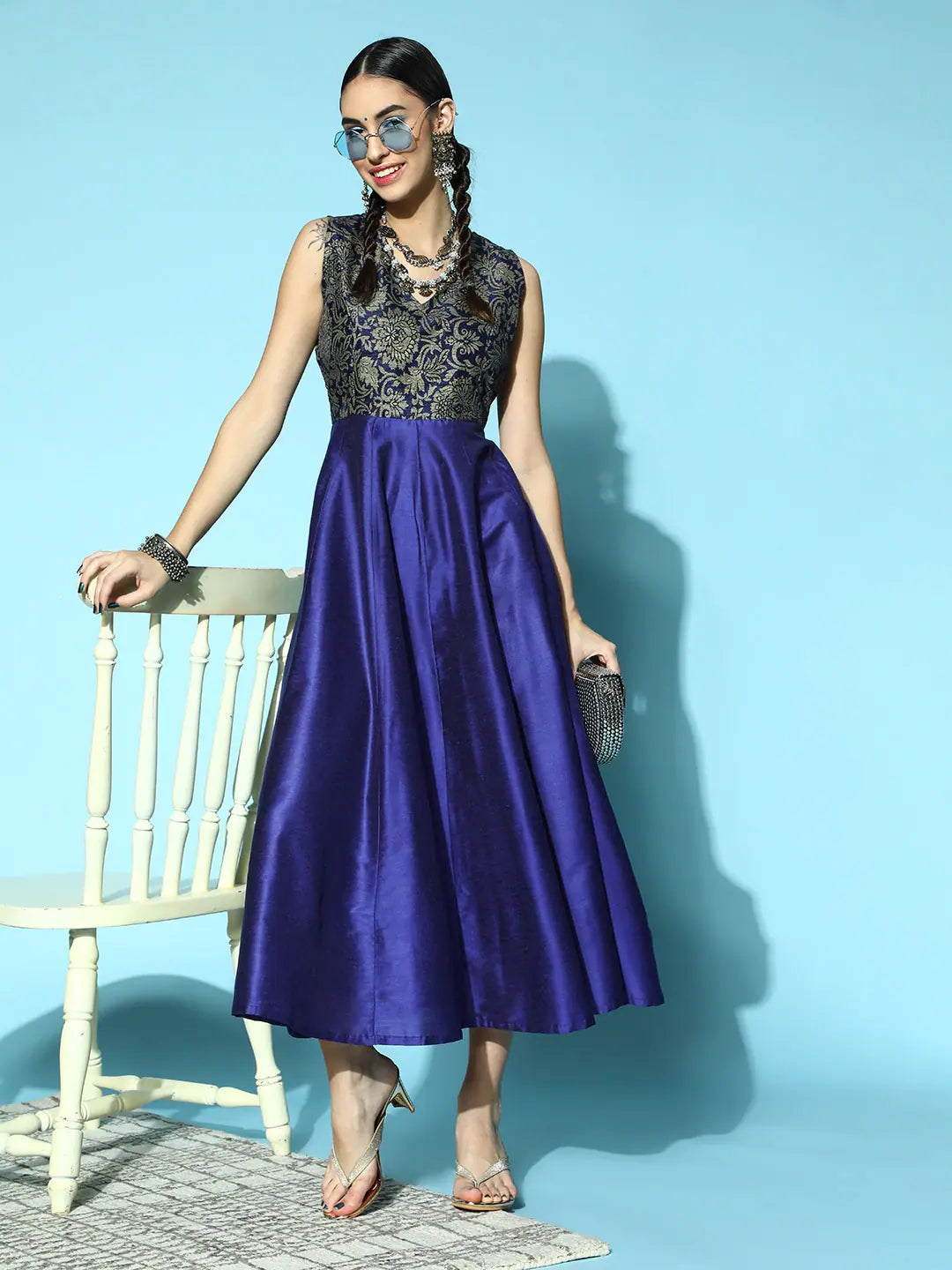 Wrap dresses for womenWomen Navy Brocade Sleeveless Anarkali Maxi