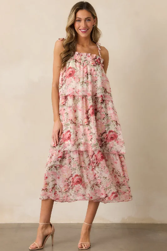 Tall women's dressesFlourishing Frenzy Pink Floral Print Midi Dress