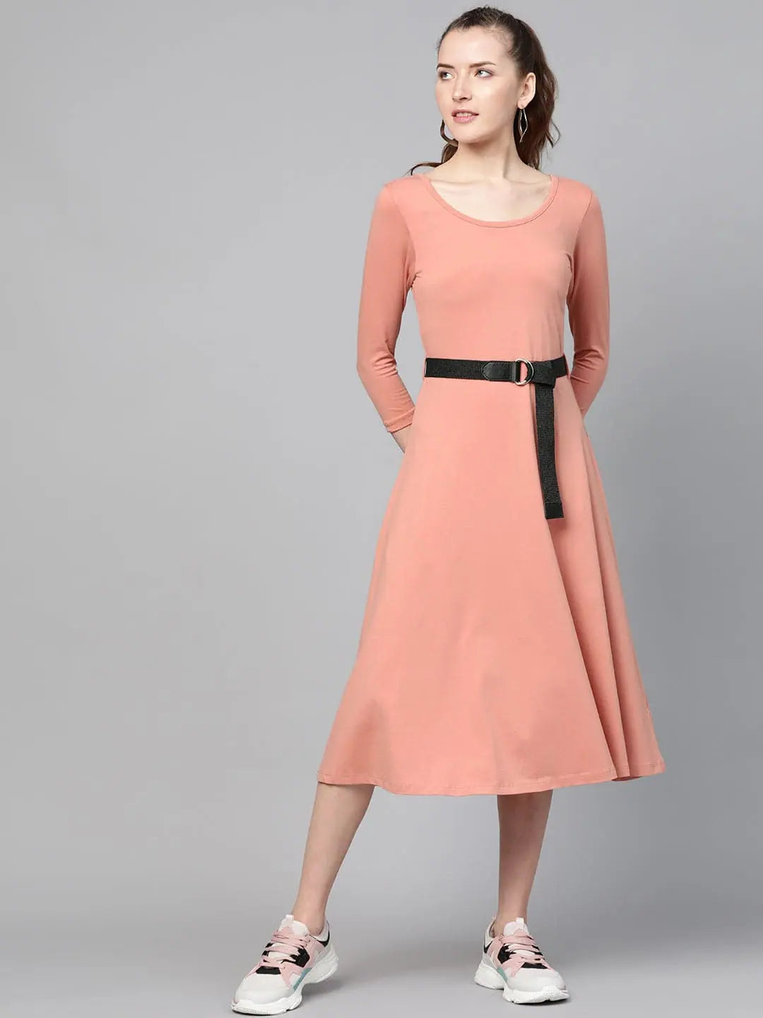 Low-cut dresses for womenPeach Skater Belted Midi Dress