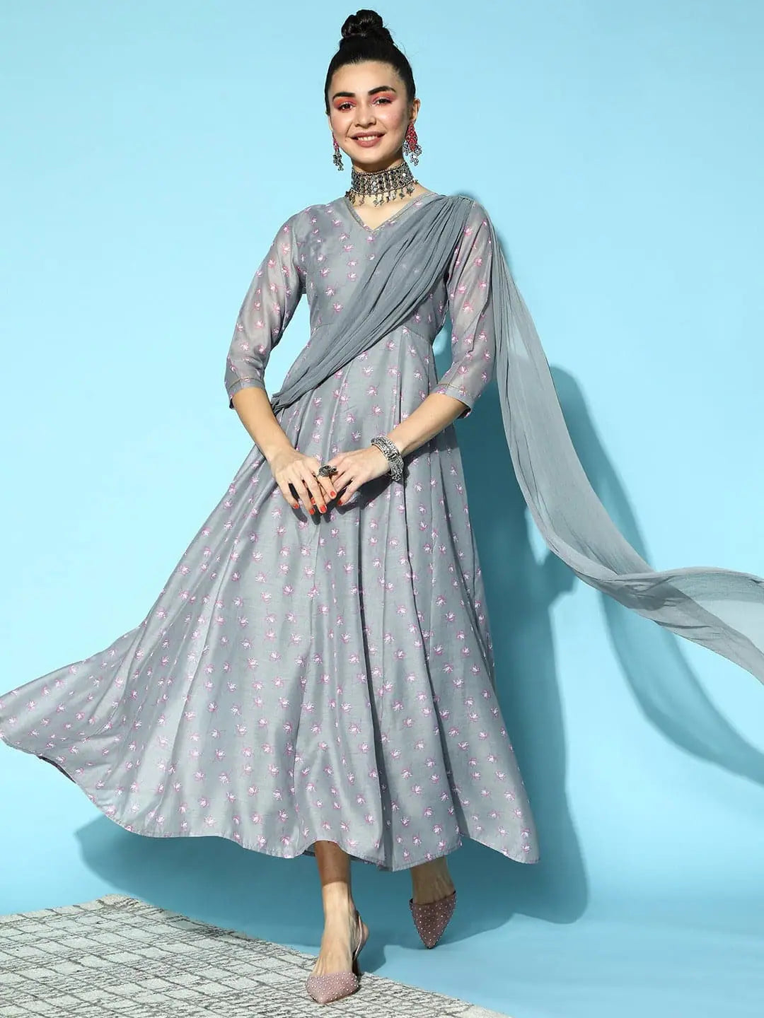 Patterned dresses for womenWomen Grey Lotus Anarkali Maxi With Attached Pallu