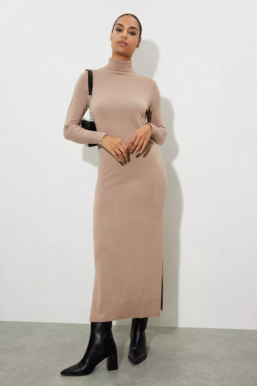 Winter dresses for cold weatherHigh Neck Slouchy Midi Dress Oatmeal