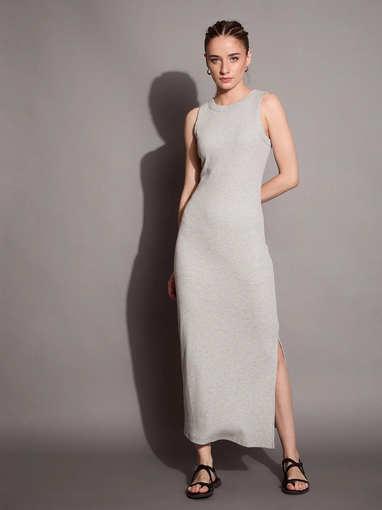 Plunging neckline dresses for womenWomen Grey Melange Ribbed Sleeveless Bodycon Maxi Dress-SFDRSS12405