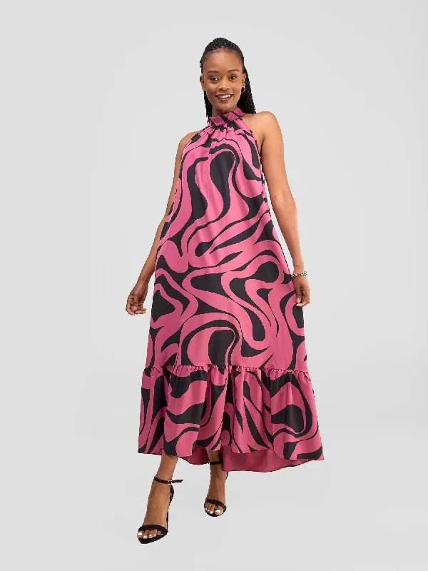 Bell sleeve dresses for womenVivo Halter Maxi Dress - Dark Pink / Black Manda Print