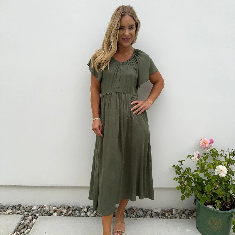 Dancewear dresses for performancesDahlia Olive Short Sleeve Ankle Maxi Dress