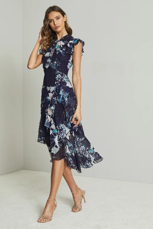 Low-cut dresses for womenPrinted Keyhole Ruffle Fit and Flare Midi Dress