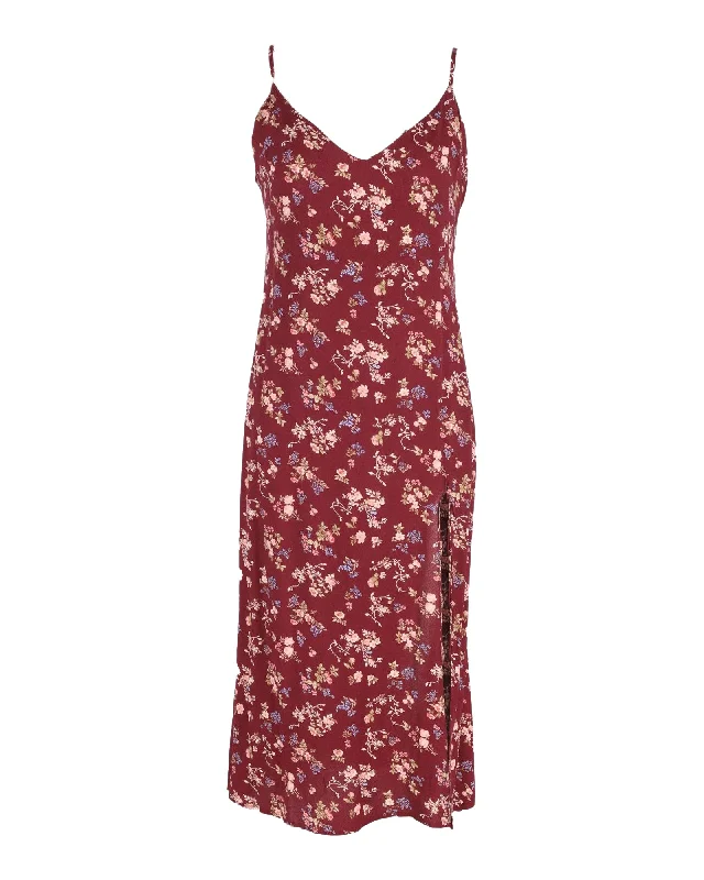 Mother-of-the-bride dressesReformation Crimini Floral Print Midi Dress in Burgundy Viscose