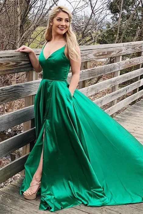 Synthetic dresses for budget-friendly optionsSimple V Neck Green Long Prom Dresses Emerald Summer Maxi Dress