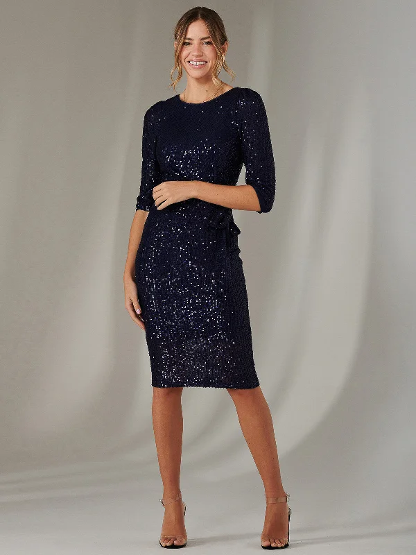 Leather dresses for women3/4 Sleeve Sequin Stretch Shift Dress, Navy