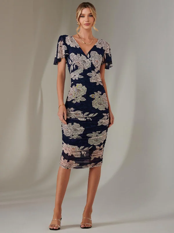 Backless dresses for womenAngel Sleeve Ruched Bodycon Dress, Navy Floral