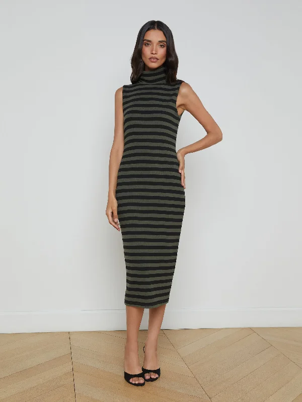 Transitional dresses for in-between seasonsBrita Striped Turtleneck Dress