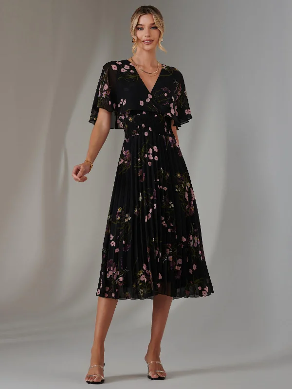 High-neck dresses for womenFloral Print Chiffon Pleated Dress, Black Pink Floral