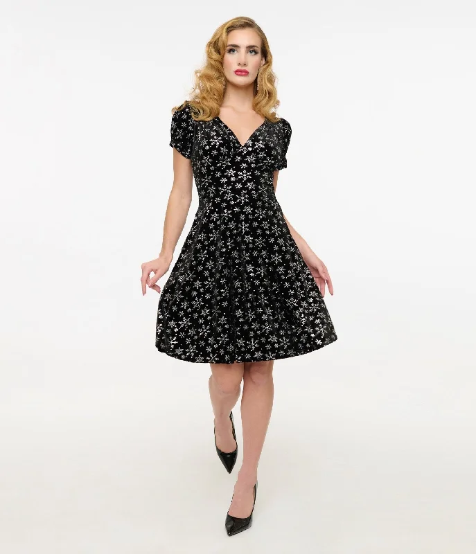 Denim dresses for womenHell Bunny 1950s Black & Silver Metallic Snowflake Velvet Fit & Flare Dress