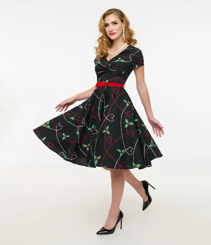 Velvet dresses for winterHell Bunny 1950s Festive Hearts & Holly Print Angelica Swing Dress