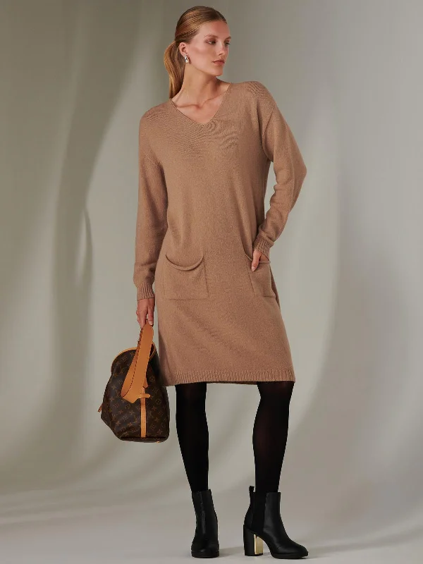 Checkered dresses for womenMade in Italy V Neck Knitted Jumper Dress, Tan Brown