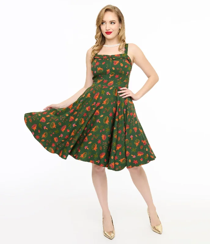 Designer dresses for high-end fashionMiss Lulo 1950s Green Hedgehog Forest Print Kyla Fit & Flare Dress