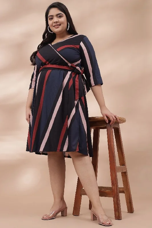 Long-sleeved dresses for womenNavy Red Bold Stripes True Wrap Dress