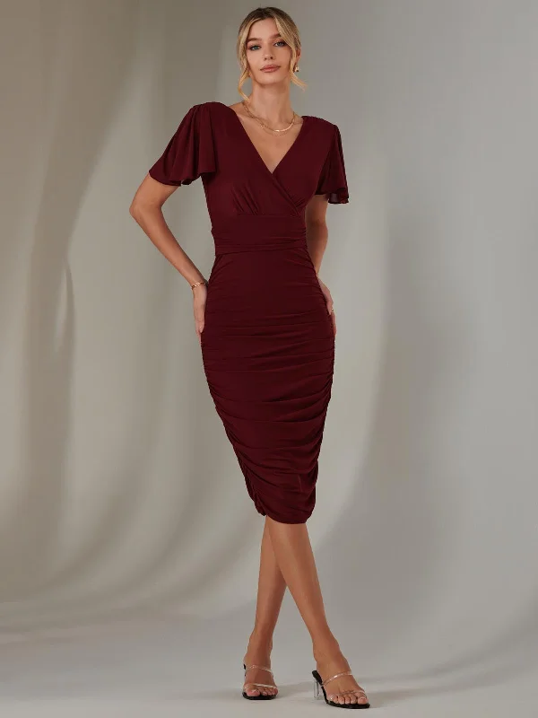 High-slit dresses for womenPlain Angel Sleeve Ruched Bodycon Dress, Burgundy