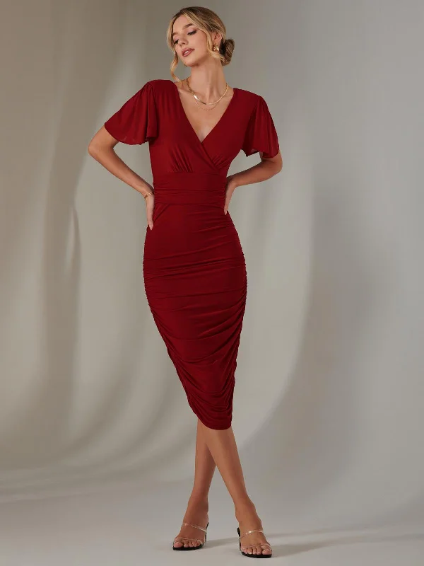 Low-cut dresses for womenPlain Angel Sleeve Ruched Bodycon Dress, Dark Red