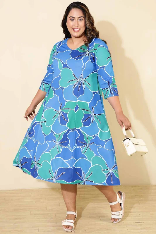 Ruched dresses for womenPlus Size Blue Green Abstract A line Dress