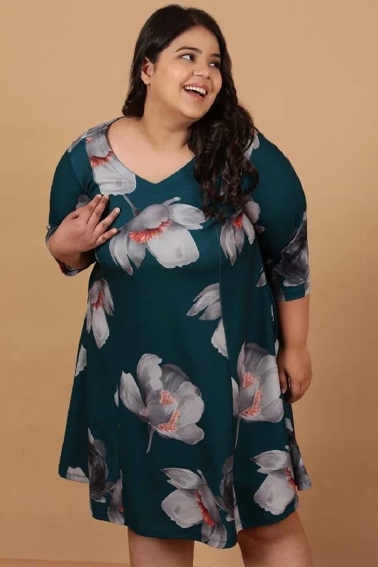 Chiffon dresses for womenPlus Size Dark Green Floral Printed Dress