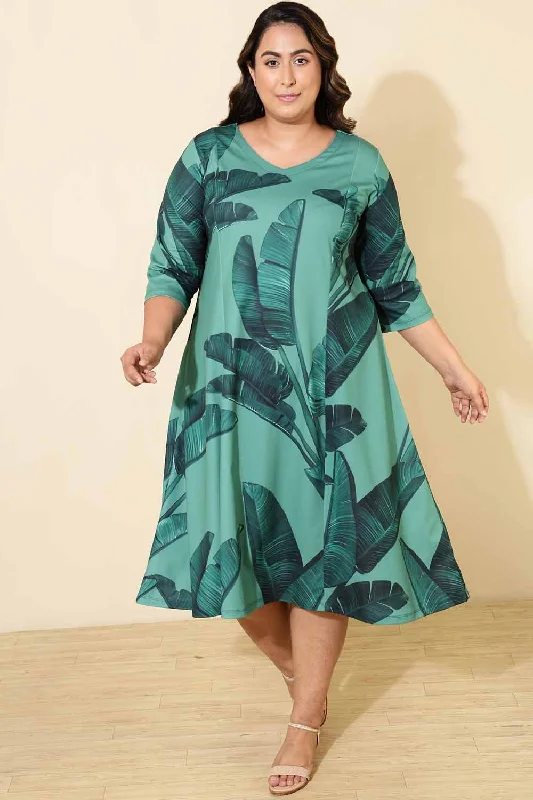 Peplum dresses for womenPlus Size Green Tropical Print A line Dress