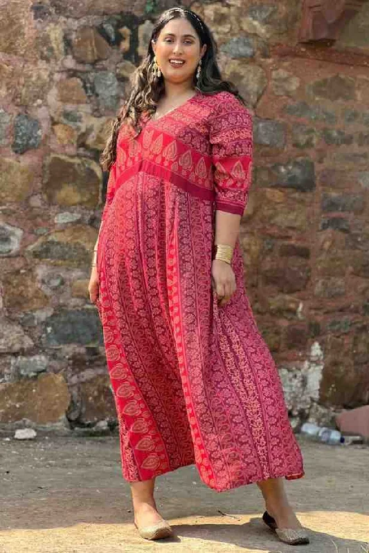 Beach dresses for casual outingsPlus Size Red Ethnic Print Anarkali Dress