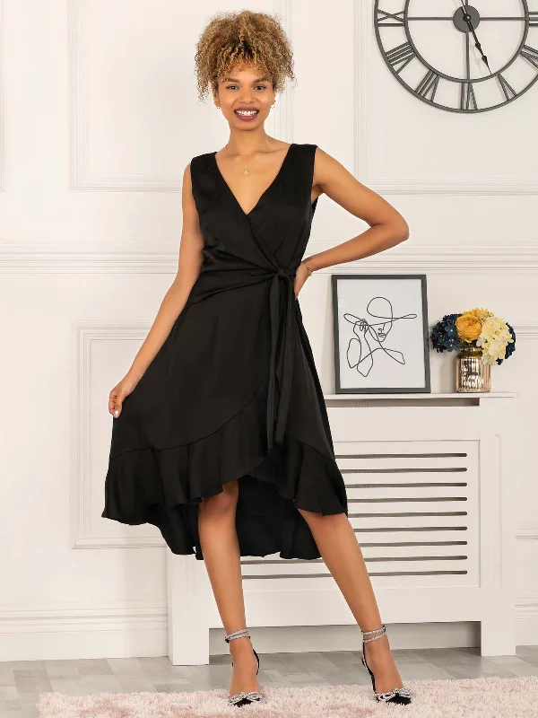 Plunging neckline dresses for womenSherlyn Wrap Flounce Hem Dress, Black