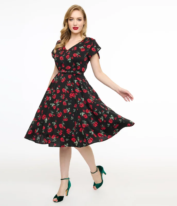 Summer dresses for hot weatherUnique Vintage 1940s Black & Red Floral Print Tulip Sleeve Swing Dress