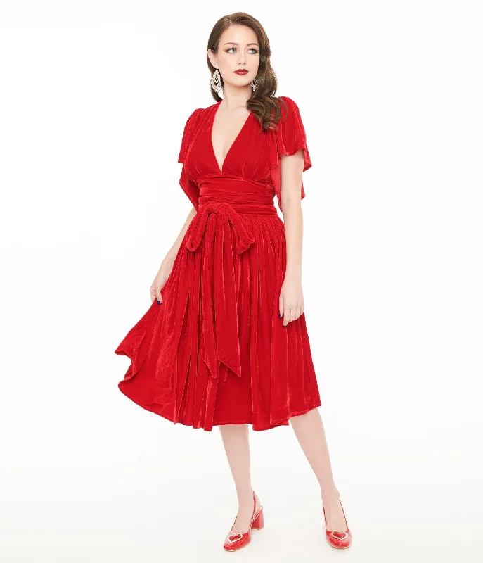 Synthetic dresses for budget-friendly optionsUnique Vintage 1940s Red Velvet Flutter Sleeve Swing Dress